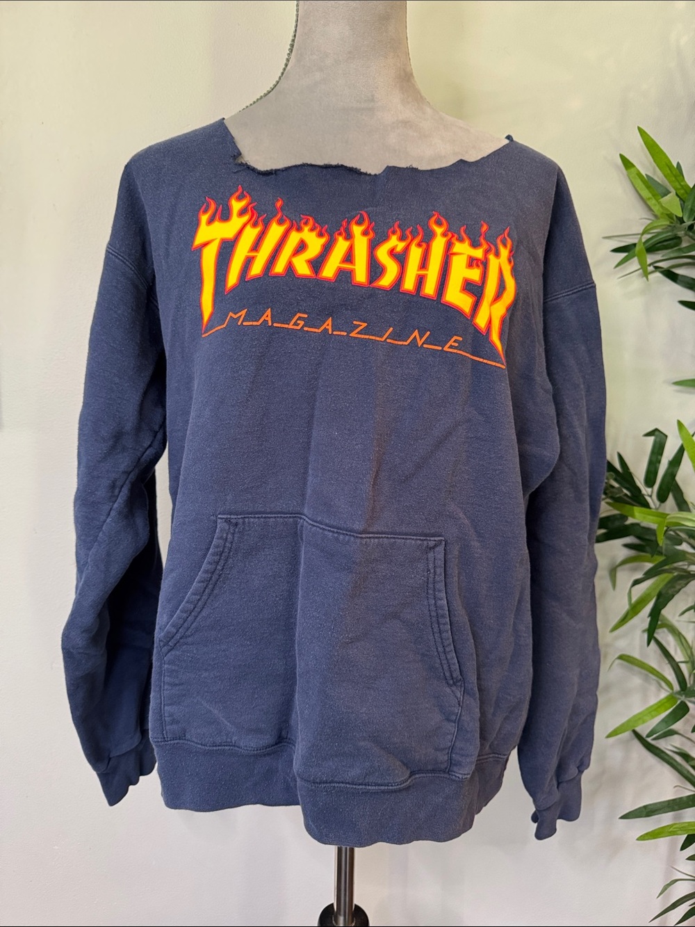Thrasher Navy handmade Crewneck with Yellow-Orange Flame Logo M